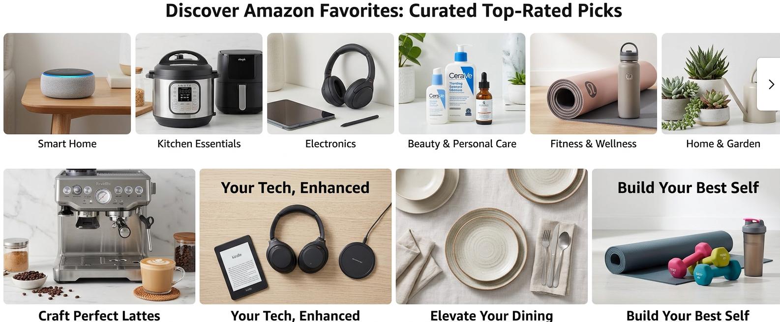 Collection of curated top-rated Amazon favorites across categories including smart home, kitchen essentials, electronics, beauty, fitness, home and garden, coffee maker, and dining items.